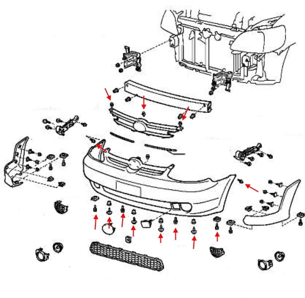 Схема крепления переднего бампера Toyota Echo Sedan
