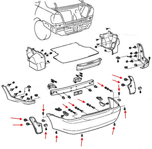 Схема крепления заднего бампера Toyota Echo Sedan