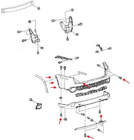 Schéma de montage du pare-chocs arrière Toyota Highlander XU50 (2013-2019)