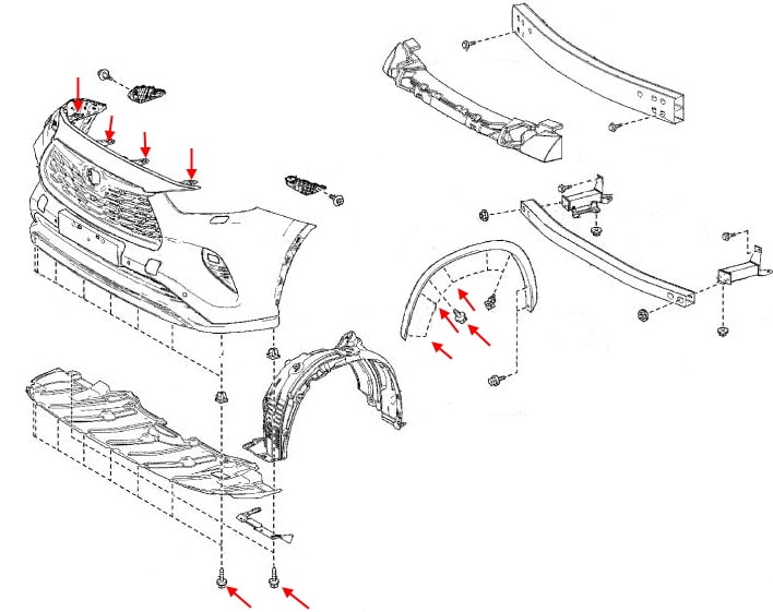 Схема крепления переднего бампера Toyota Highlander XU70 (2020+)