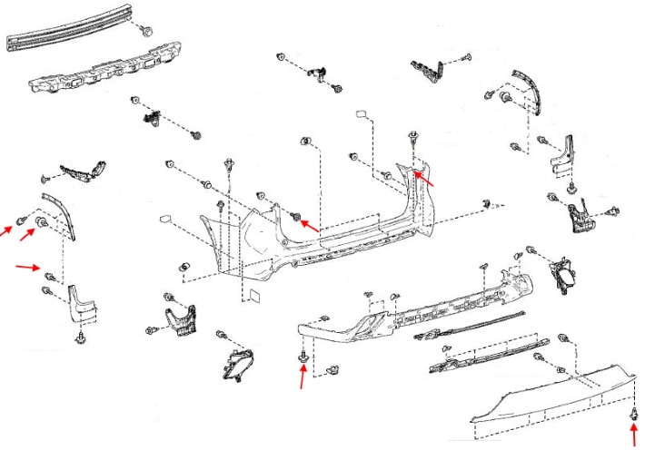 Схема крепления заднего бампера Toyota Highlander XU70 (2020+)