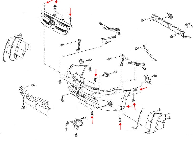 Схема крепления переднего бампера Toyota Hilux VII (2004-2015)