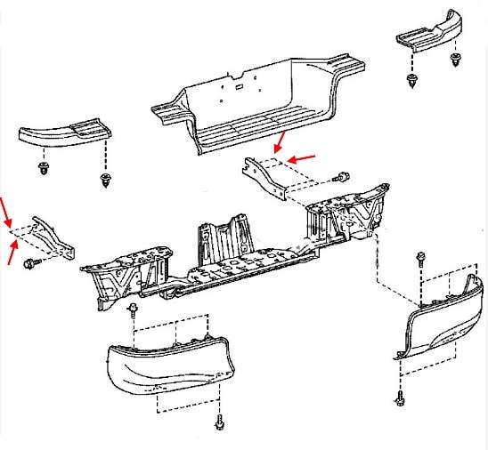 Схема крепления заднего бампера Toyota Hilux VIII (2015+)
