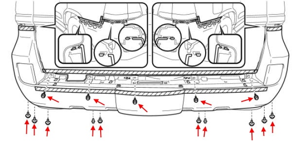 Schéma de montage du pare-chocs arrière Toyota Land Cruiser J200 (2007-2021)