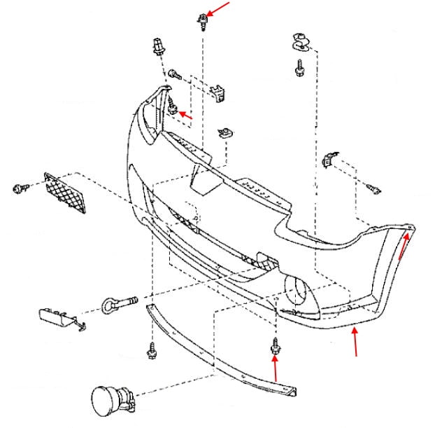 Схема крепления переднего бампера Toyota MR2 (1999-2007)