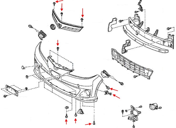 Schéma de montage du pare-chocs avant Toyota Previa (2006-2019)