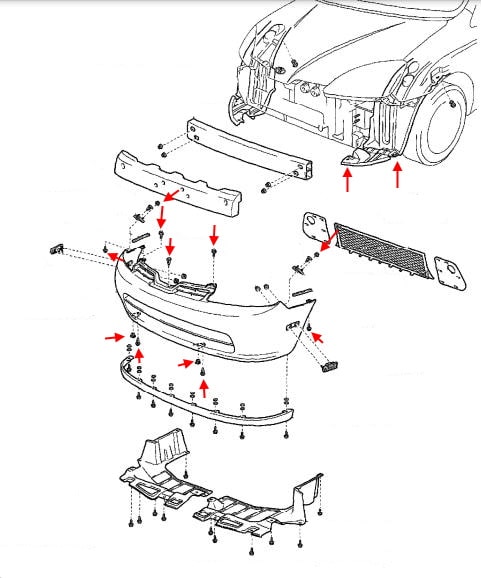 Схема крепления переднего бампера Toyota Prius I XW10 (1997-2003)