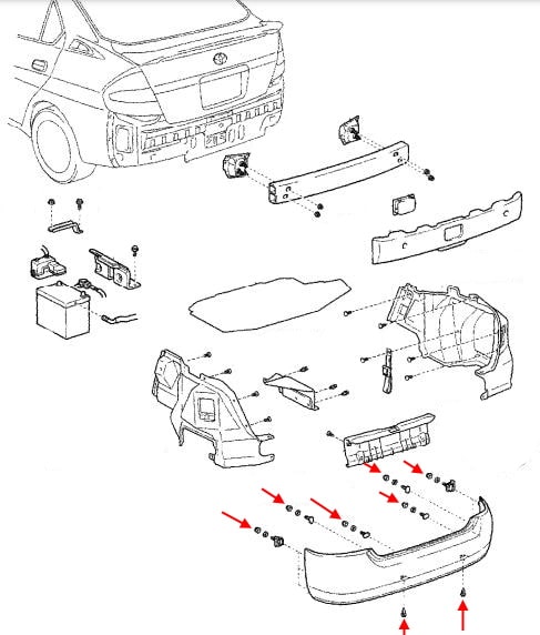 Схема крепления заднего бампера Toyota Prius I XW10 (1997-2003)