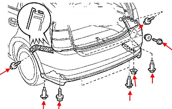 Схема крепления заднего бампера Toyota Prius II XW20 (2003-2009)