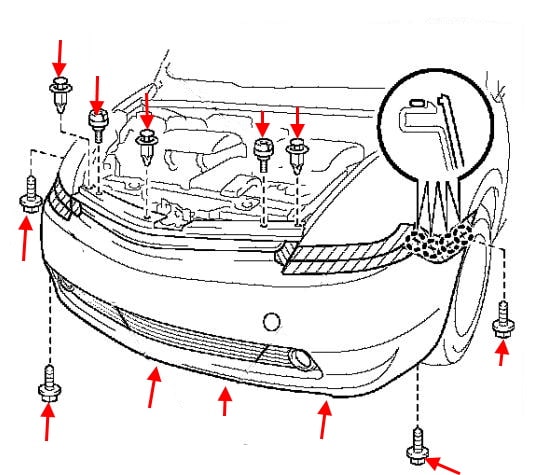 Схема крепления переднего бампера Toyota Prius II XW20 (2003-2009)