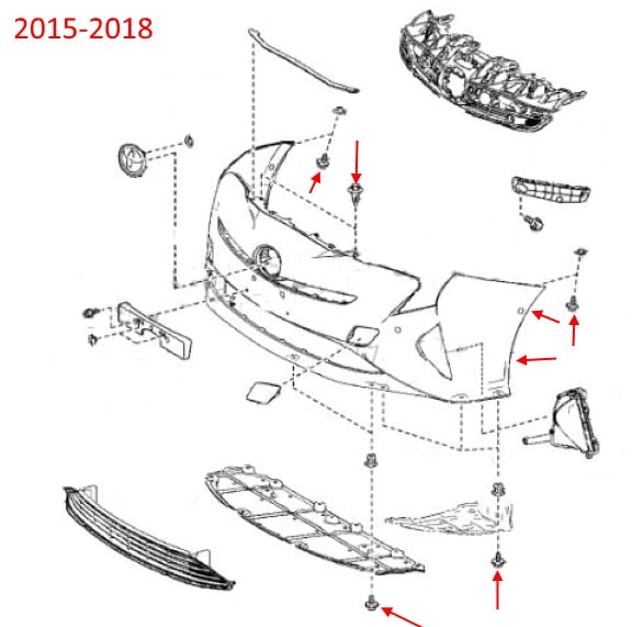 Схема крепления переднего бампера Toyota Prius IV XW50 (2015-2018)