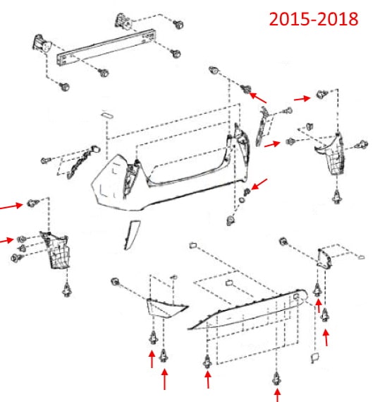 Схема крепления заднего бампера Toyota Prius IV XW50 (2015-2018)