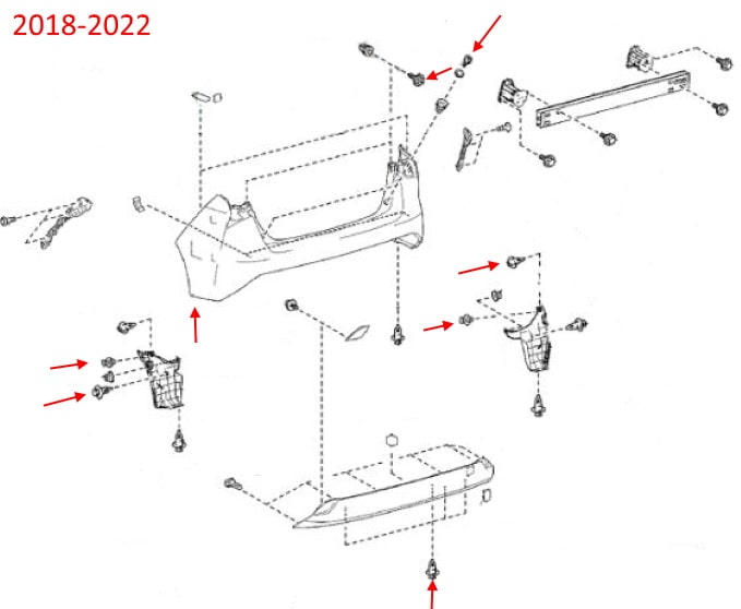 Схема крепления заднего бампера Toyota Prius IV XW50 (2018-2022)