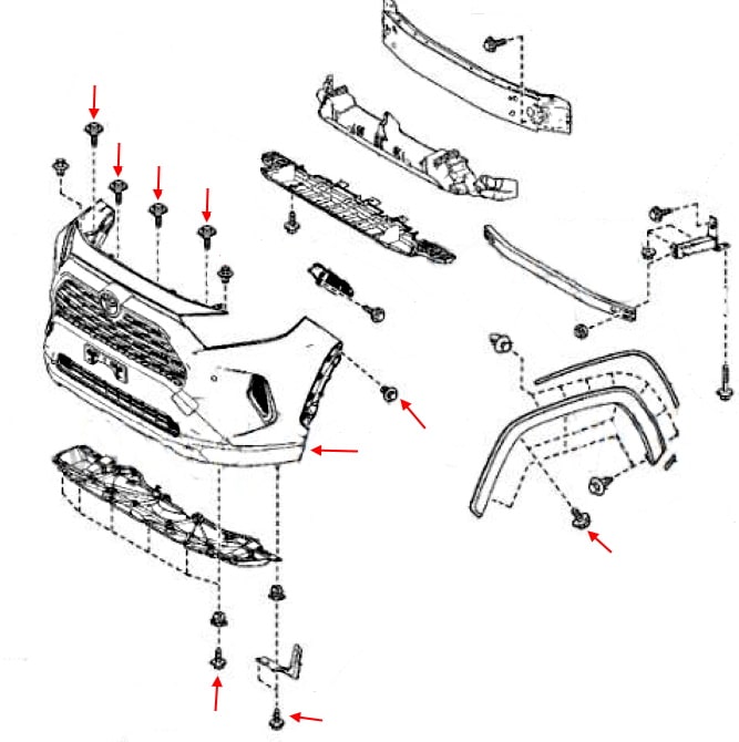 Схема крепления переднего бампера Toyota RAV4 V XA50 (2018+)
