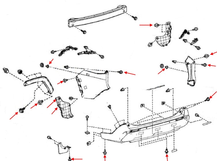 Схема крепления заднего бампера Toyota RAV4 V XA50 (2018+)