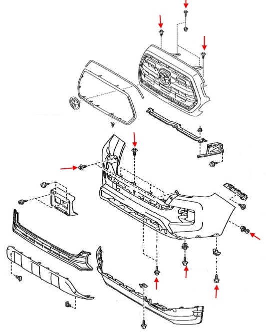 Схема крепления переднего бампера Toyota Tacoma III N300 (2016+)