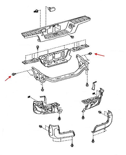 Схема крепления заднего бампера Toyota Tacoma III N300 (2016+)