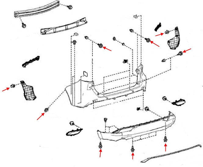 Schéma de montage du pare-chocs arrière Toyota Venza XU80 (2020+)