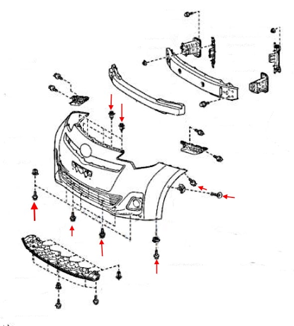 Schéma de montage du pare-chocs avant Toyota Verso-S (2011-2018)