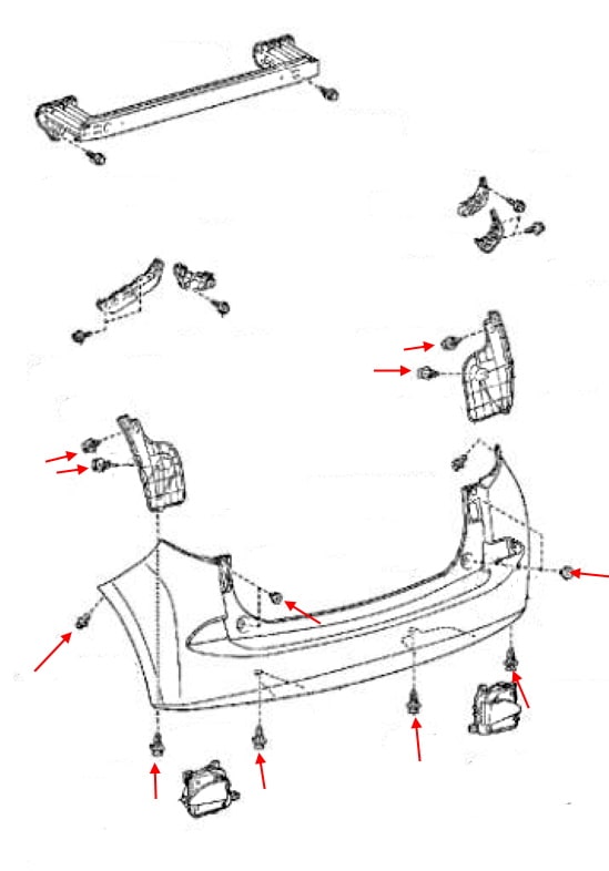 Schéma de montage du pare-chocs arrière Toyota Verso-S (2011-2018)