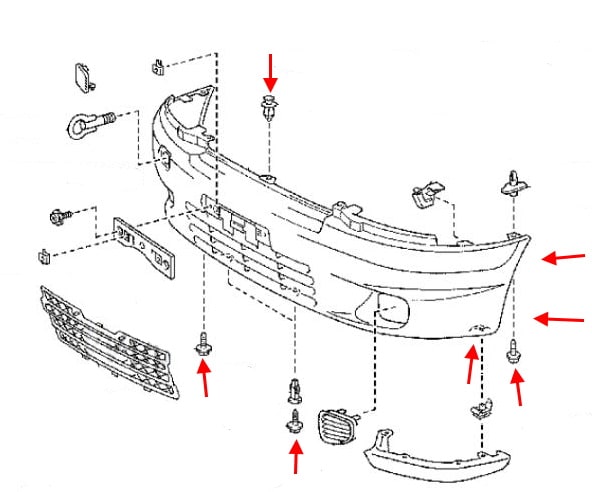 Schéma de montage du pare-chocs avant Toyota Yaris Verso (1999-2005)