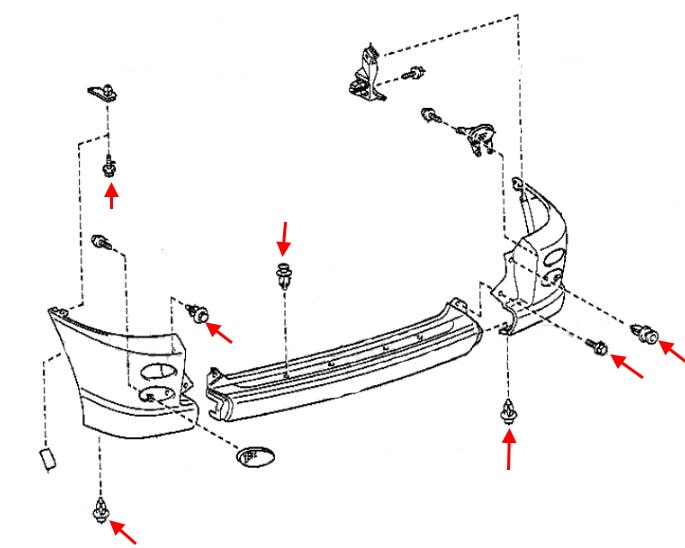 Schéma de montage du pare-chocs arrière Toyota Yaris Verso (1999-2005)