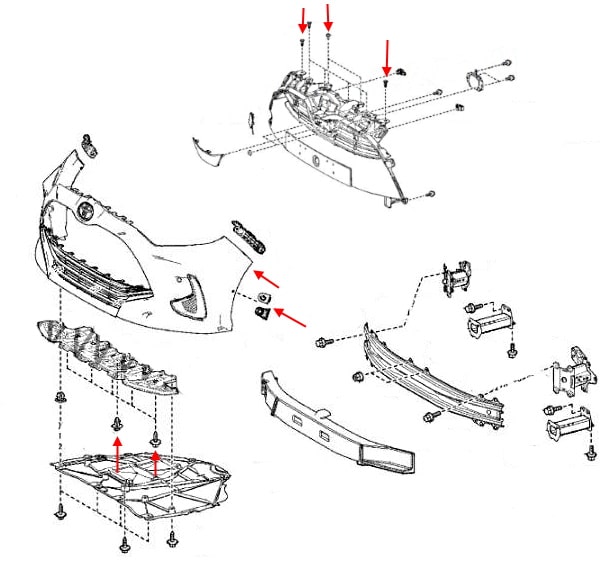 Схема крепления переднего бампера Toyota Yaris XP210 (2020+)