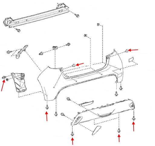 Схема крепления заднего бампера Toyota Yaris XP210 (2020+)