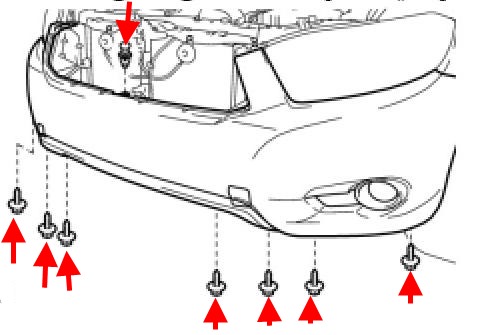 schéma de montage du pare-chocs avant Toyota Highlander XU 40 (2008-2013)
