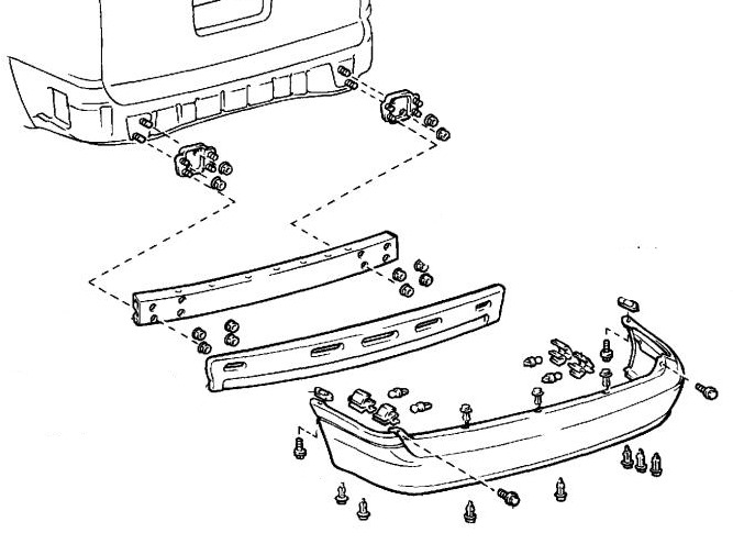 Schéma de montage du pare-chocs arrière Toyota Sienna XL10 (1997-2002)