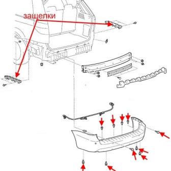 схема крепления заднего бампера Toyota Sienna XL20 (2003-2010)