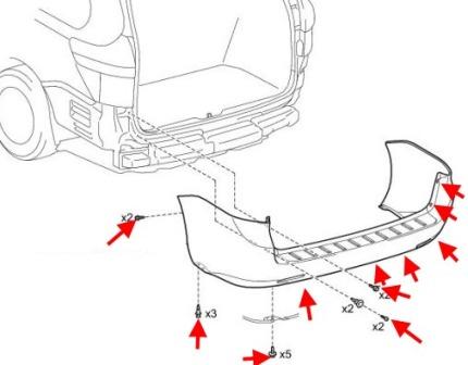 Schéma de montage du pare-chocs arrière Toyota Sienna XL30 (2010-2020)