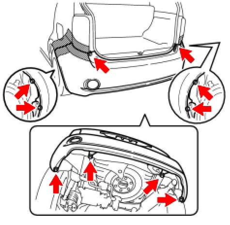 Схема крепления заднего бампера Toyota Corolla Rumion