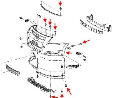 Schéma de montage du pare-chocs avant Toyota Auris
