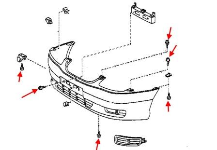 Schéma de fixation du pare-chocs avant Toyota Avensis MK1 (1997 - 2003)