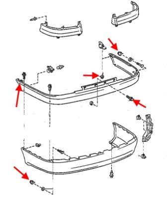Schéma de montage du pare-chocs arrière Toyota Avensis MK1 (1997 - 2003)
