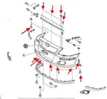 схема крепления переднего бампера Toyota Avensis MK2 (2003-2008)