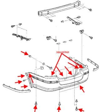 схема крепления заднего бампера Toyota Avensis MK2 (2003-2008)