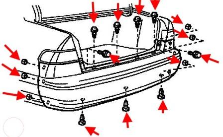 схема крепления заднего бампера Toyota Camry XV20 (1996-2002)