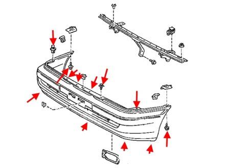 схема крепления переднего бампера Toyota Carina E
