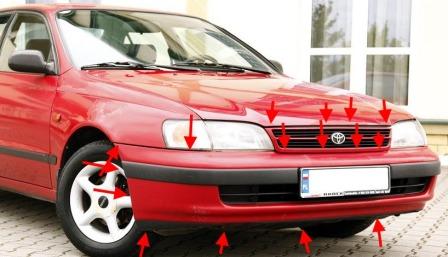 места крепления переднего бампера Toyota Carina E