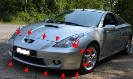 места крепления переднего бампера Toyota Celica (1999-2006)