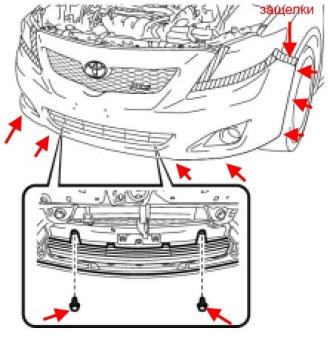 схема крепления переднего бампера Toyota Corolla (2006-2013)