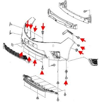 схема крепления переднего бампера Toyota Corolla XI (E160, E170) (2012-2022)