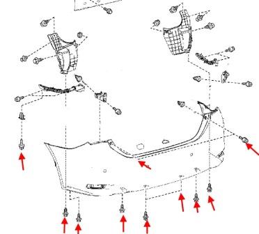 схема крепления заднего бампера Toyota Corolla XI (E160, E170) (2012-2022)