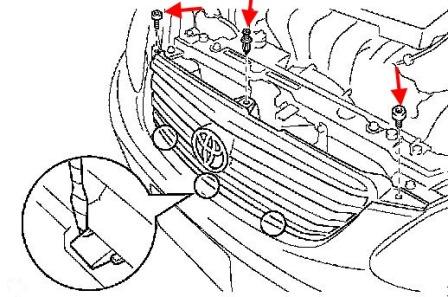 схема крепления переднего бампера Toyota Corolla (2000-2006)