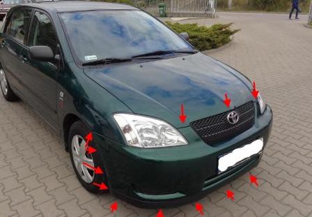 места крепления переднего бампера Toyota Corolla (2000-2006)