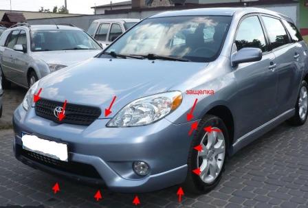 места крепления переднего бампера Toyota Matrix (2003-2008)