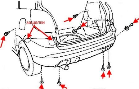 схема крепления заднего бампера Toyota Matrix (2003-2008)