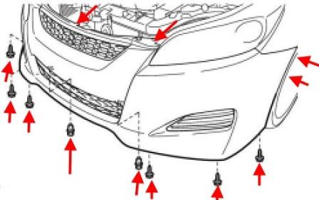 схема крепления переднего бампера Toyota Matrix (2009-2014)